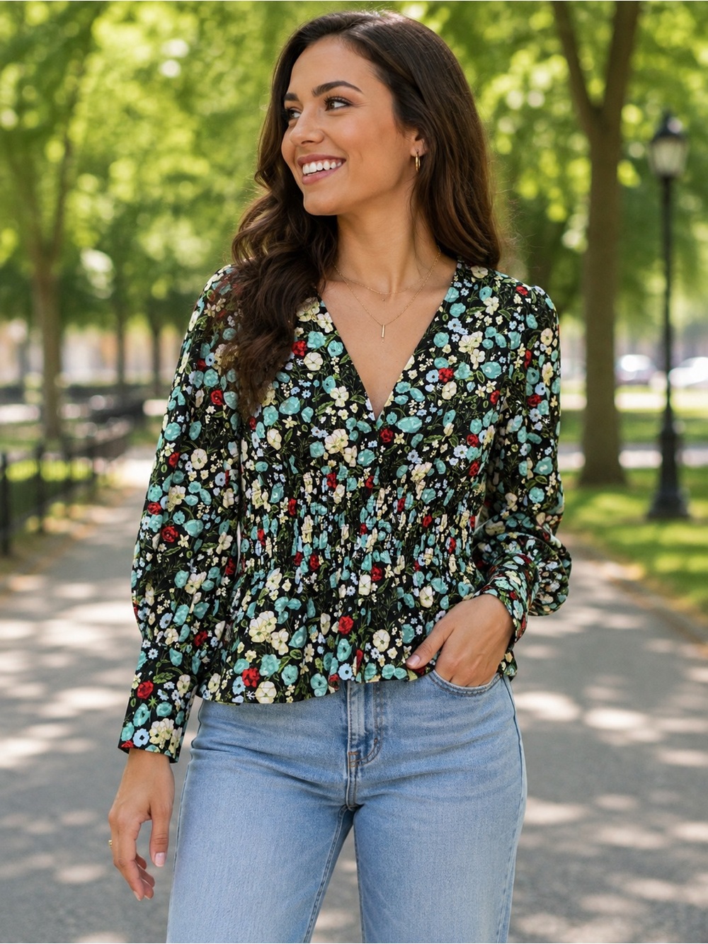 ZARA Floral Smocked Waist V-Neck Peplum Blouse Women’s Size S